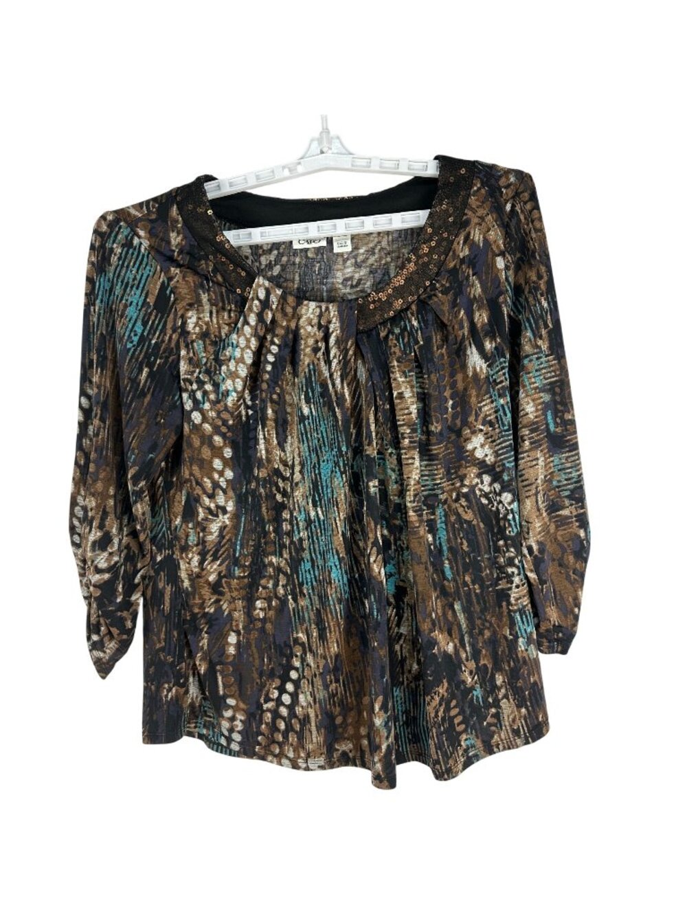Cato Womens Multicolor Print Long Sleeve Top L Sequin Neckline Polyester Blend